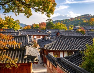 Autumnal Korean village nestled in hills