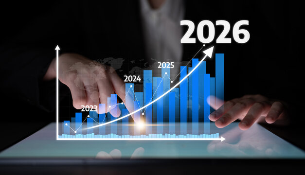 Visual representation of business growth with a rising graph and projected years 2023 to 2026. Ideal for themes of success, financial progress, and planning. Tessel