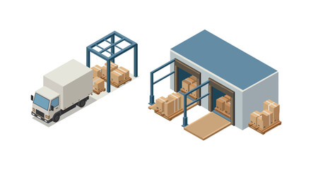 Isometric warehouse and delivery truck with cargo loading scene