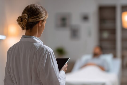 female doctor in white coat with tablet in his hand in the patient's ward - Powered by Adobe
