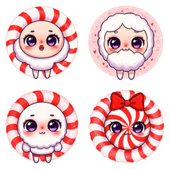 Four adorable cartoon characters with candy cane-like circular frames and sweet expressions.