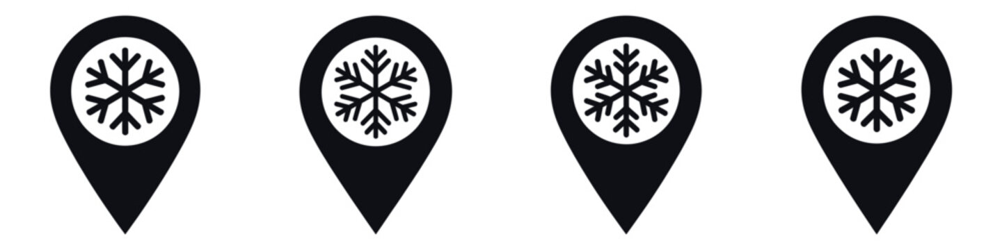 Winter Location Pin Vector Illustration Set &ndash; Snowflake Map Marker Icon, Cold Weather Symbol, Frozen Destination, Navigation Design, Winter Travel and Holiday Season Graphic Art