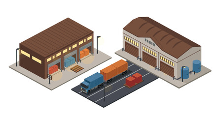Isometric industrial warehouse scene with trucks and cargo containers