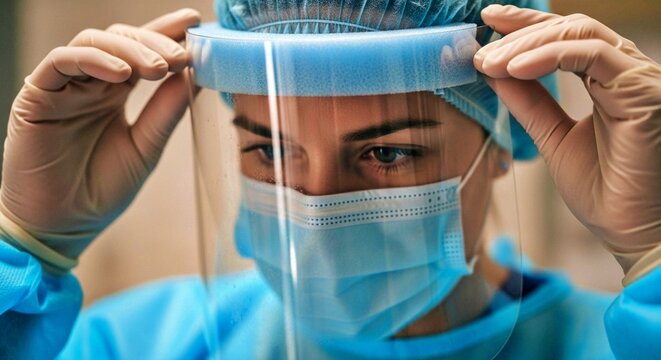 Medical professional adjusting protective face shield in healthcare setting  