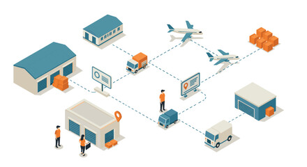 Obraz premium Isometric warehouse and distribution network with logistics and delivery vehicles