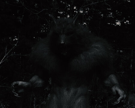 The Dogman Werewolf Cryptid in black and white in a forest