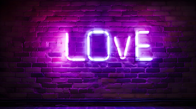 Purple neon LOVE sign glowing on brick wall — modern romantic light decoration. Perfect for Valentine’s. Perfect for Valentine’s Day, nightlife design, wedding decor, or contemporary urban interiors.