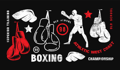 Boxing match emblem for t-shirt. Graphic design with rough texture. Blue print on pink background