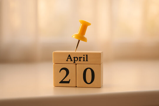 Wooden calendar with april 20 date and yellow push pin on top