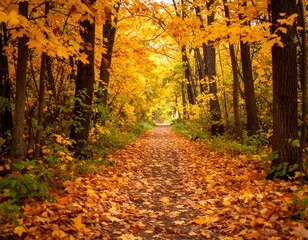 Autumnal path through a golden forest
