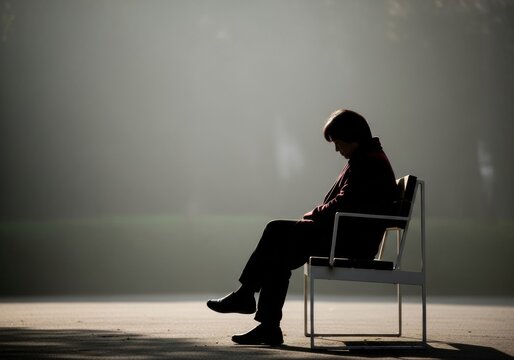 A person sitting on a bench or chair, deep in thought, with soft lighting