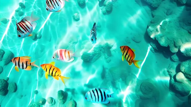 A vivid underwater scene featuring a variety of fish swimming in clear turquoise waters. The fish are of different species and colors, with one particularly striking orange fish in the foreground.