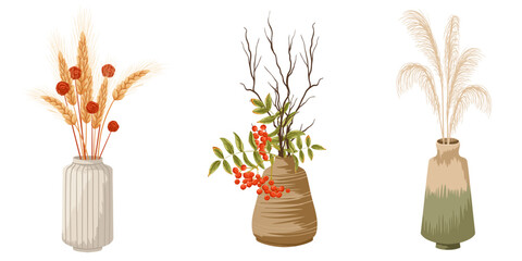 Autumn set with ceramic vases filled with wheat, branches, berries, dry grass isolated on white background. Vector hand drawn illustration for home decor, seasonal design, packaging decoration