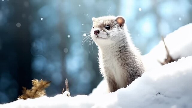 A closeup of a weasel in the snow, with a blurred blue background. The weasels fur is a mix of white and gray, and its eyes are a deep brown.