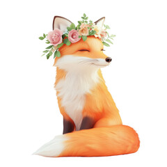 Fototapeta premium Whimsical Fox with Floral Crown: A charming fox, adorned with a delicate floral crown, sits gracefully, exuding joy and tranquility. This image evokes feelings of serenity and enchantment.