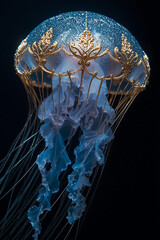 The source document describes a highly detailed and hyper-realistic portrait of a ghostly jellyfish, featuring elements like a shiny aura, gold filigree, and intricate motifs. The artwork incorporates