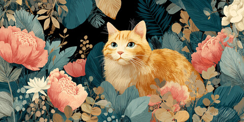 Orange cat surrounded by vibrant peonies and lush green leaves in a detailed floral illustration
