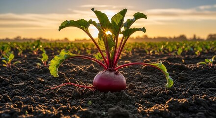 Vibrant Beetroots Growing in a Fertile Field Under a Golden Sunset Glow
