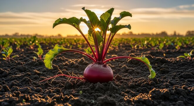 Vibrant Beetroots Growing in a Fertile Field Under a Golden Sunset Glow - Powered by Adobe