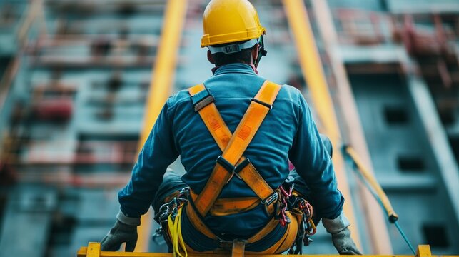 A worker wearing a helmet and safety gear on a construction site demonstrates safety and professionalism.
Suitable for illustrations about construction, industry, occupational safety,  