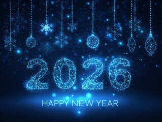Happy new year 2026 with glowing blue particles and snowflakes