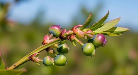 Vibrant Blueberry Stem Showcasing Budding Fruit with Delicate Leaves Against Blue Sky