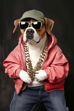 A hip and trendy common tabby cat posing for the camera and dressed as a hip hop rap star.	