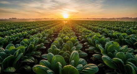 Vibrant Bok Choy Field Illuminated by Sunrise in a Picturesque Agricultural Landscape
