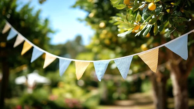 Triangular flags strung between trees at a sunny fest, festive gatherings in outdoor settings, joyful moments in flag decor, celebration vibes with glowing lights, event highlights