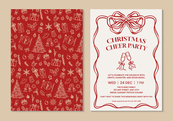 Christmas cheer party invitation with hand-drawn objects in red gold theme. Back and front vector illustration Christmas dinner invitation template.