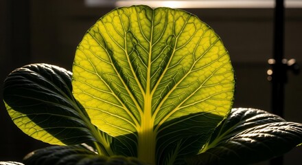 Vibrant Bok Choy Leaf Lit by Sunlight with Intricate Veins and Texture
