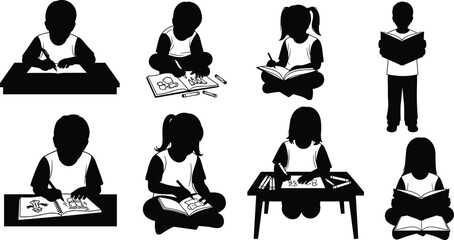 Children reading, kids writing, study activity, school icons, education tools, silhouette style, cad drawing flat vector illustration