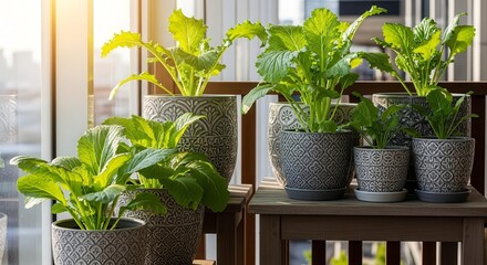 Vibrant Bok Choy Plants Flourishing In Decorative Pots Illuminated By Sunlight