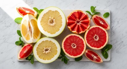 Vibrant Citrus Fruits, Artful Arrangement and Fresh Mint on Elegant Marble Surface