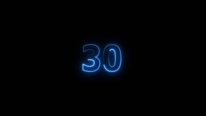 Neon countdown number 30 icon illustration background 4K.	