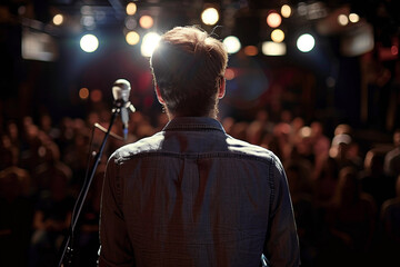 Obraz premium Close-up of a professional microphone on stage under vibrant lighting, ready for a concert or live performance – generative AI