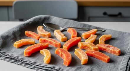 Vibrant Candied Citrus Slices Displayed on Rustic Linen Material for Delicious Treats
