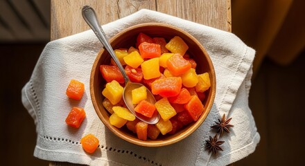 Vibrant Candied Fruits In Wooden Bowl With Spices And Spoon On A Table