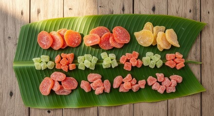 Vibrant Candied Fruits Arrayed on Tropical Leaf, Botanical and Culinary Delight