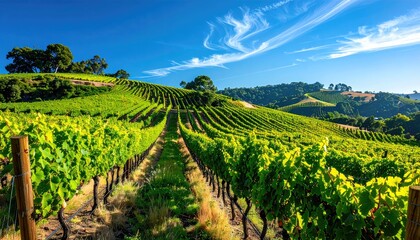 Lush green vineyard rows stretch across rolling hills under a clear blue sky with wispy clouds at sunrise casting warm golden light.