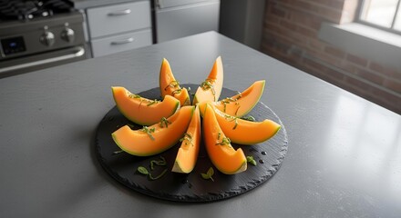 Vibrant Cantaloupe Slices Artfully Arranged on a Slate Plate for Appetizing Display
