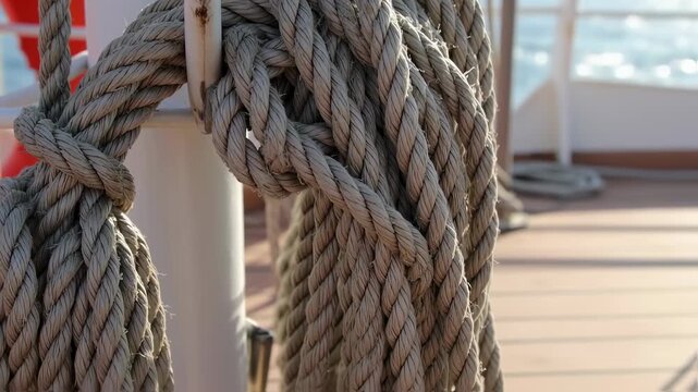Close-up of nautical gray rope coiled around a white post