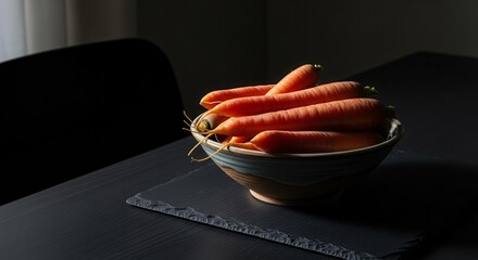 Vibrant Carrots Displayed Elegantly In A Ceramic Bowl On A Dark Table Setting
