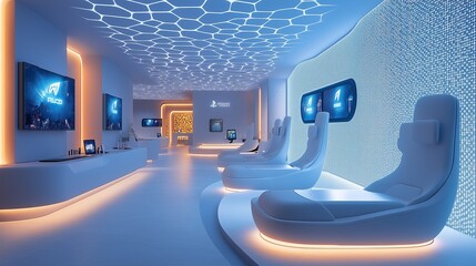 Futuristic Digital Experience Lounge: Sleek White Interior Design with Neon Blue and Orange Lighting
