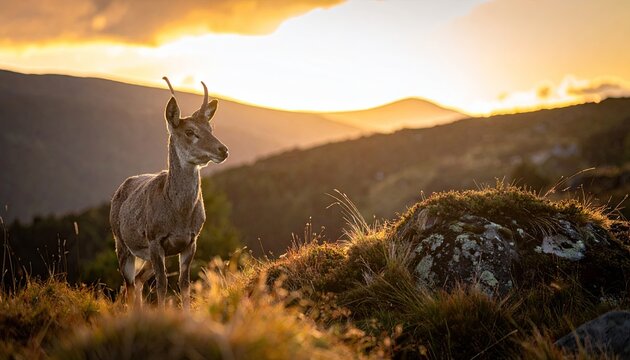 Majestic wild deer stands in a sunlit meadow during a golden hour sunset with rolling hills in the background