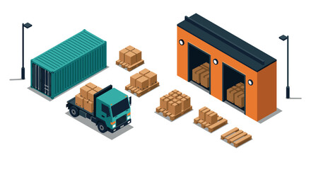 Isometric logistics scene with warehouse, truck, and cargo container in modern style