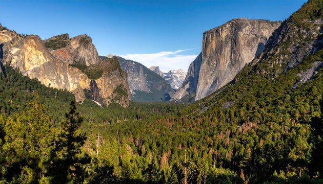 Majestic Yosemite Valley With Granite Cliffs and Pine Forests Under a Clear Blue Sky