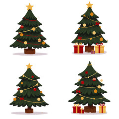 Four decorated Christmas trees with ornaments, lights, and wrapped gifts, ready for the holiday season.