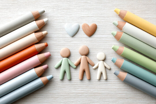 A creative arrangement of colored pencils and wooden figures symbolizing love and family, featuring two hearts and three figures in a playful display.