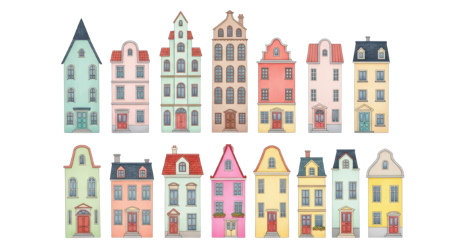 Architectural Marvels: A charming collection of colorful townhouses showcase unique designs and styles, evoking a sense of history and community.